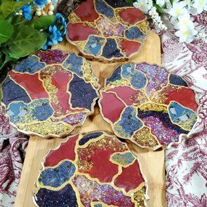 Handmade Resin Coasters Large 4.75 inch Red & Black Cranes